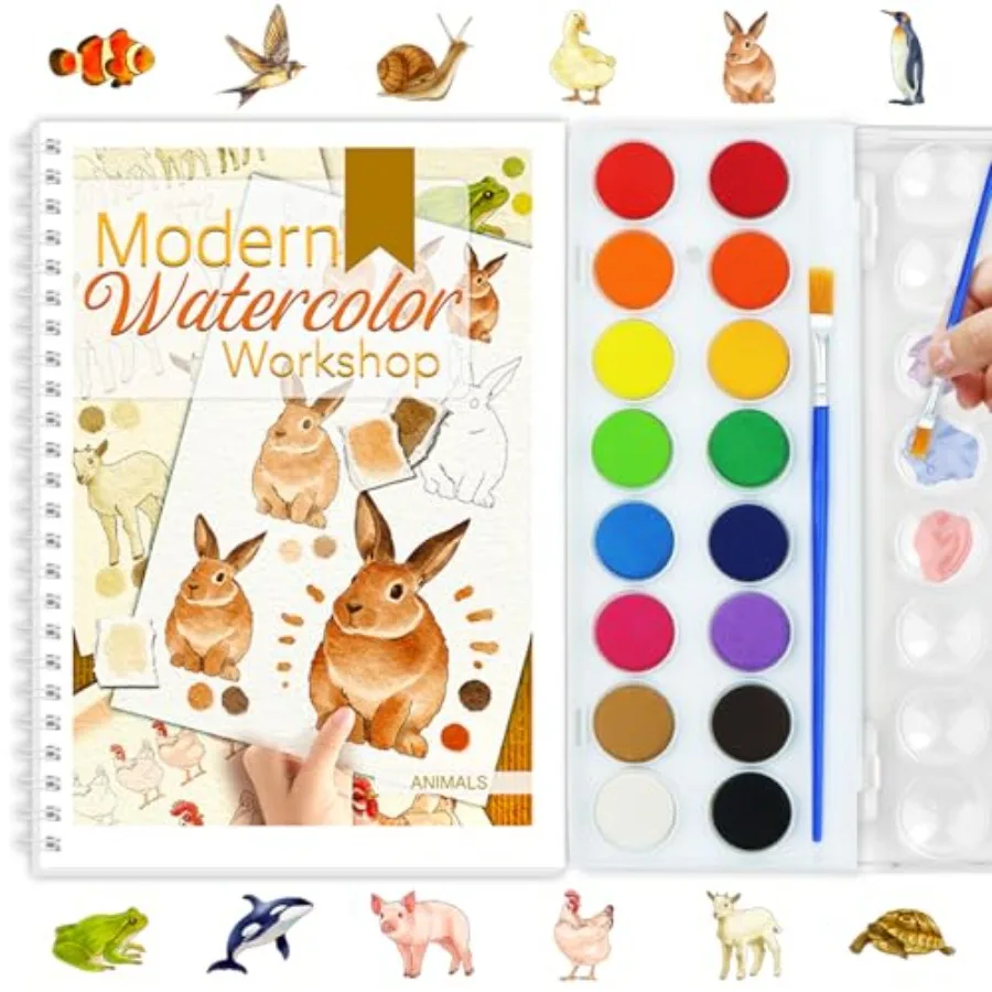 Beginners Watercolor Workbook for Adults -Step-by-Step Coloring Book Set-12 coloring book pages - Includes 16 color blocks and