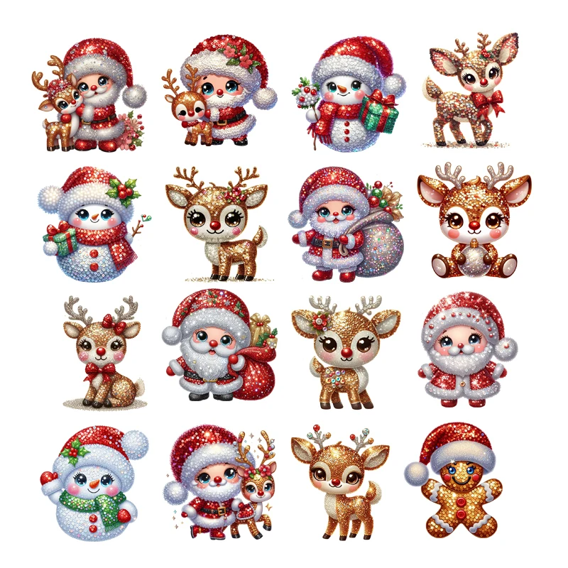 

Merry Christmas Sparkling Santa Claus snowman Iron on Heat Transfer Stickers for Kids Clothes Tshirt Iron-On Transfers Appliques