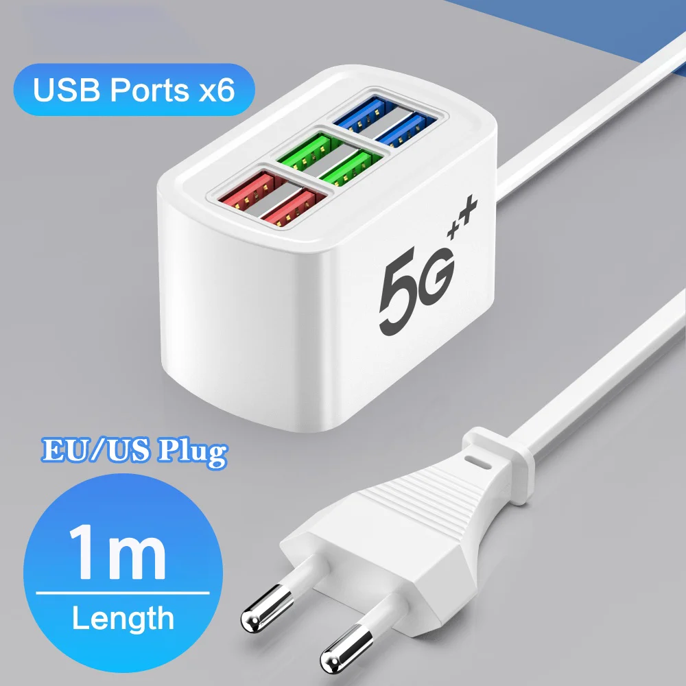 Cargador de teléfono USB con 6 puertos múltiples, adaptador Universal de regleta, cabezal de carga rápida, cargador de pared, divisor de concentrador