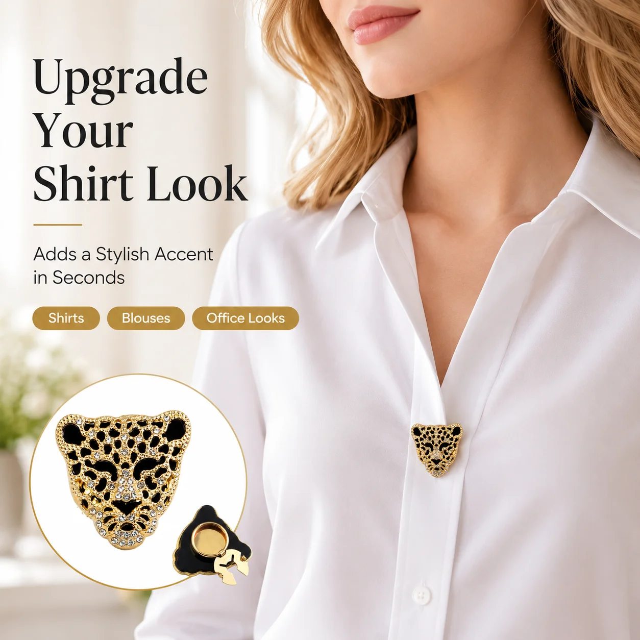 1pc Gold-Tone Leopard Head Button Covers, Rhinestone Shirt Button Clips with Secure Back Clasp for Jackets & Dresses view 3