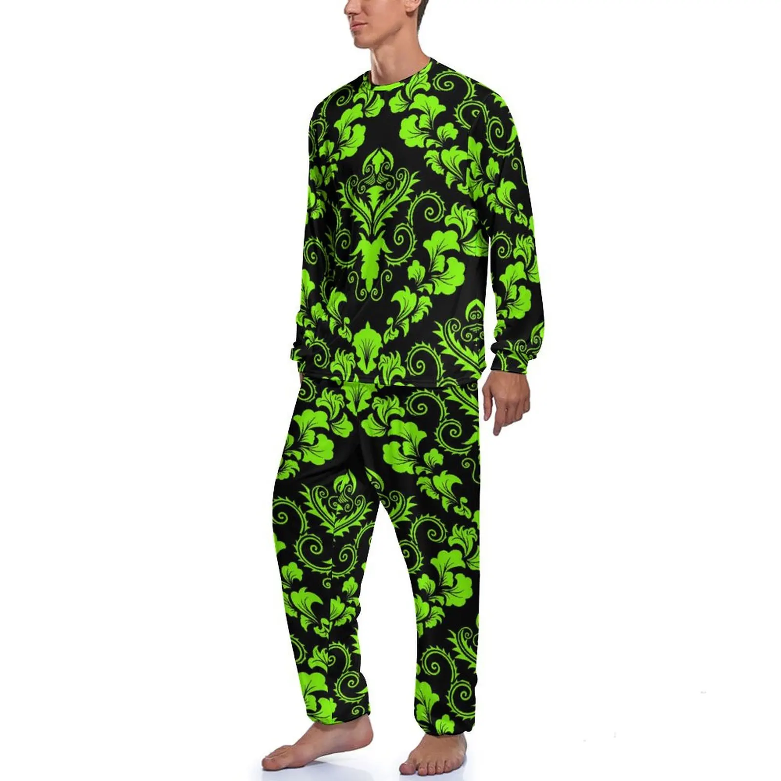 Green Black Damask Pajamas Winter 2 Piece Retro Print Soft Pajama Sets Men Long-Sleeve Casual Graphic Sleepwear