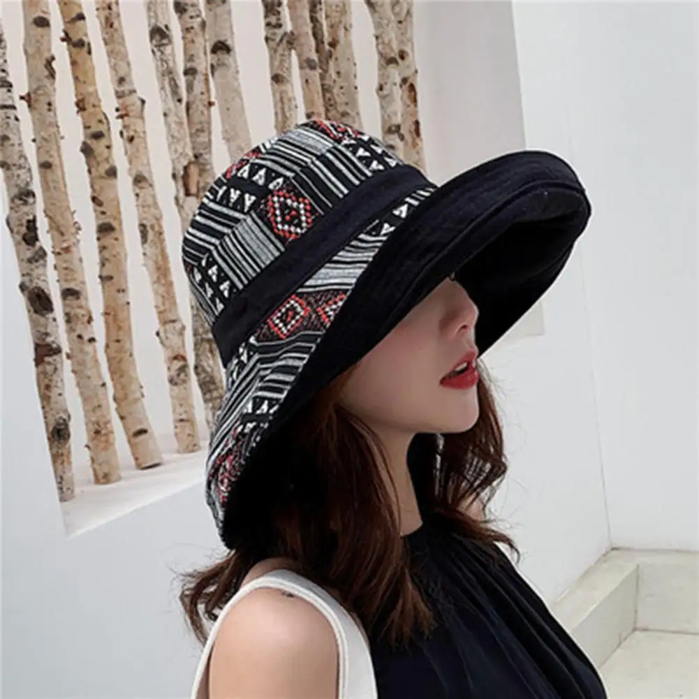 Women Bucket Hats Bohemian Color Patchwork Cotton Large Brim Sun Shade Sunblock Cap Fisherman Hat Outdoor Travel Beach Visor Cap