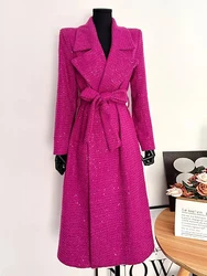 2024 French Small Fragrant Tweed Blazer Coat For Women Autumn Winter Korean OL Fashion Outerwear With a Belt Long Coat