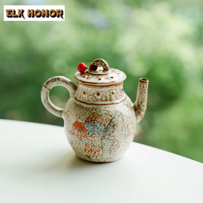 100ml Hand-painted Small Koi Fish Teapot Retro Old Pottery Clay Single Pot Tea Making Kettle With Ball Hole Filter Person Teaset