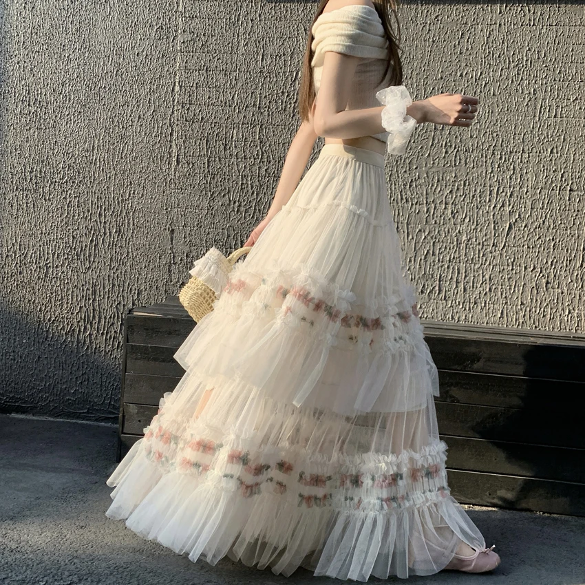 

Женская юбка Sweet Ele с кружевными оборками, плиссированная, А-силуэт, миди, с высокой талией, повседневная, свободного кроя, из полиэстера, с вышивкой