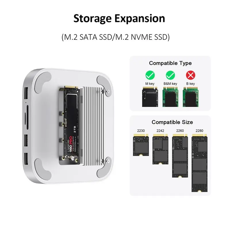 For Mac Mini USB C Hub With M.2 SSD Enclosure For Mac Mini / Pro Stand Type-C Dock Station USB3.2 SD/TF4.0-Hot