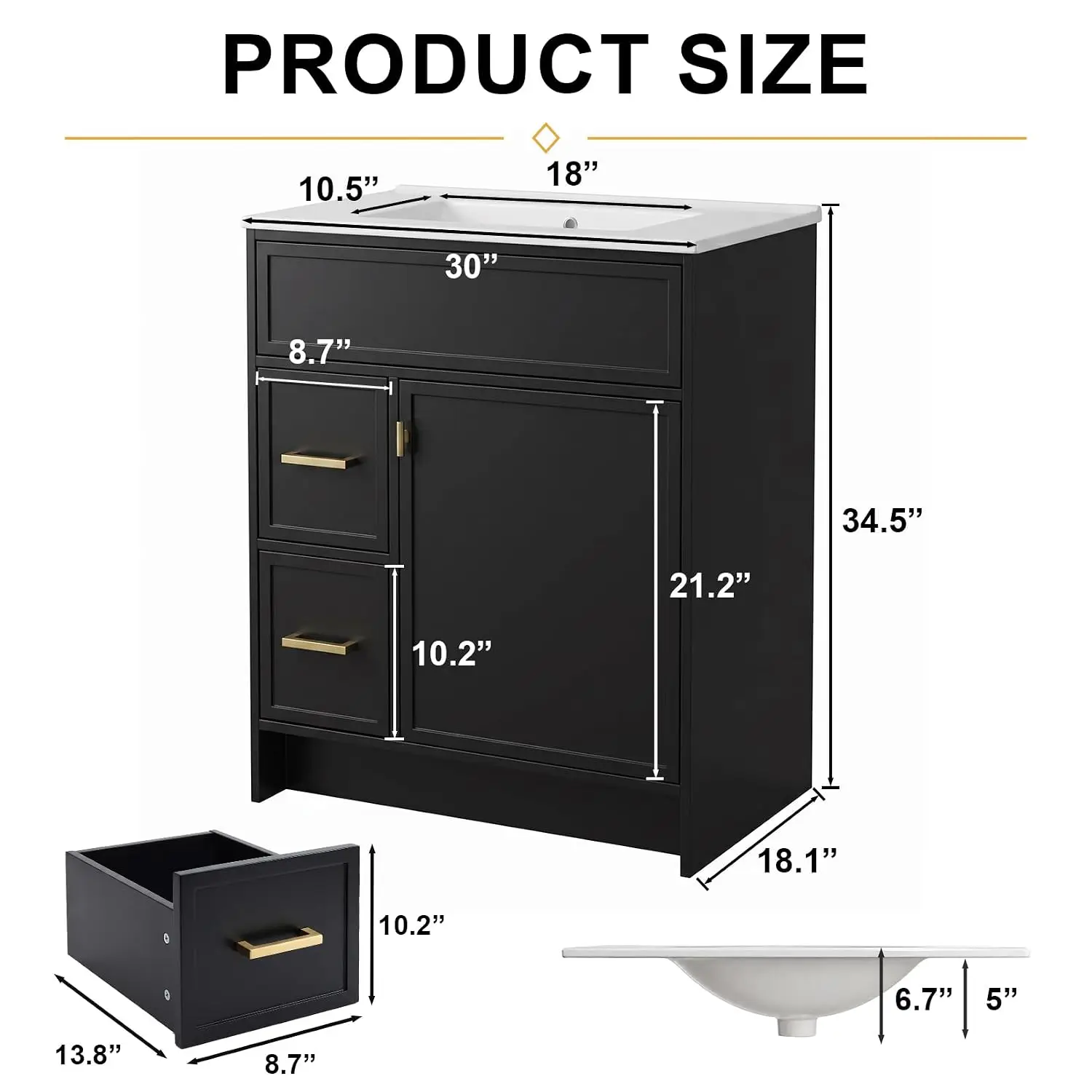 30 Inch Bathroom Vanity with Sink, Freestanding Bathroom Vanity with 1 Soft-Close Doors & 2 Drawers, White Ceramic, Customized