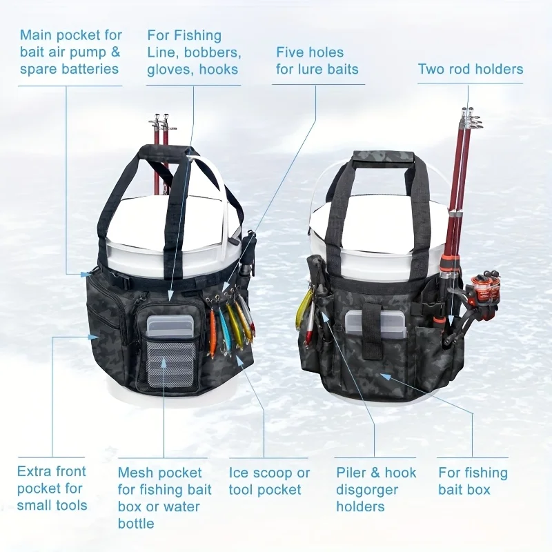 Suitable for 5-gallon fishing bucket sorting bag and ice fishing bag - multifunctional fishing rod/pliers storage bag, specially