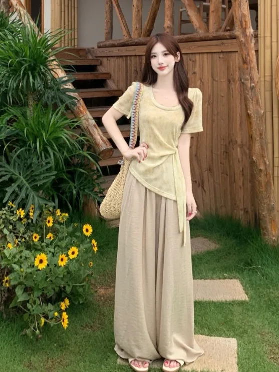 

plus Size Women's Lazy Style Short Sleeve T-Shirt Knot High Waist Wide Leg Pants Two-Piece Set Summer New Arrival