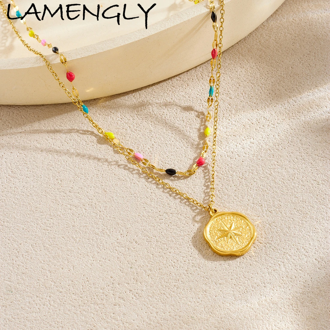 LAMENGLY 316L Stainless Steel Fun Colored Beads Eight-Pointed Star Pendant Necklace Women Creative Double-Layer Neck Chain Gifts