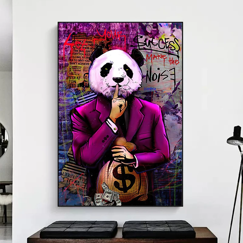 Graffiti Art Red Blue Green Panda Face Make The Noise Poster Canvas Painting Money Bag Wall Art For Living Room Home Decor