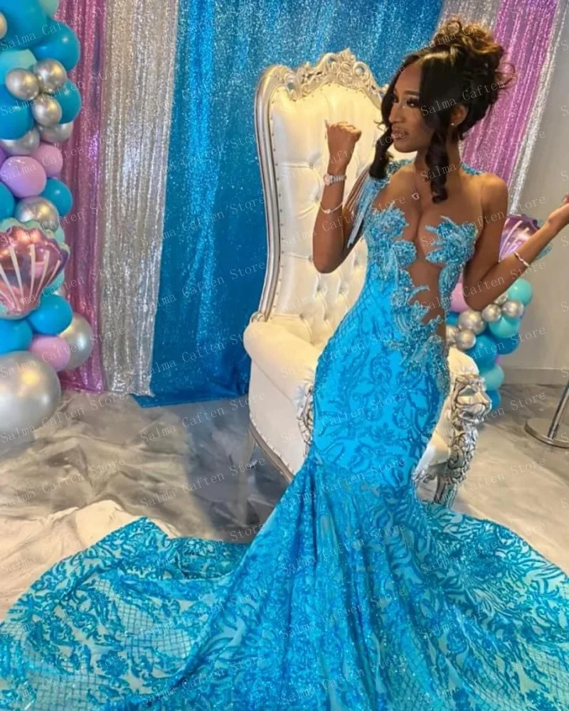 See Through Ice Blue Seuqins Beaded Mermaid Dress Crystals Printed Tassel Evening Dresses Ruffled Floor Length Prom Gown image 5