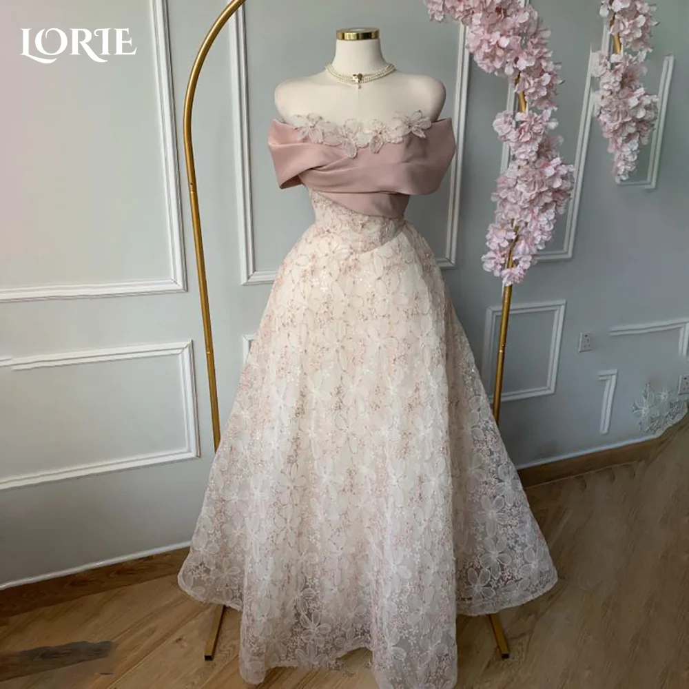 LORIE Modest Crepe Abendkleid 3d Blume Off Schulter Flowy Prinzessin Prom Kleider Illusion Puff Arabia Party Kleider Angepasst