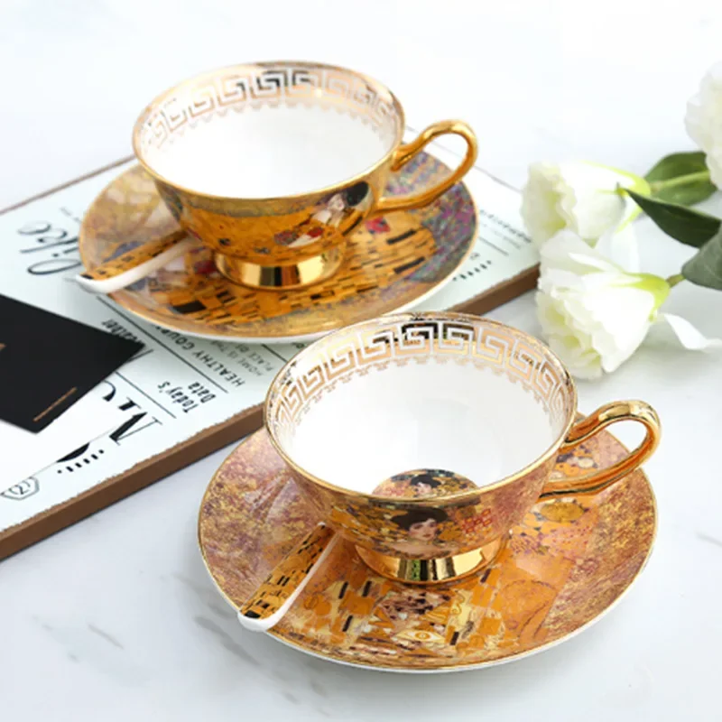 Gustav Klimt Bone China Coffee Cup Saucer Spoon Set Europe Style Afternoon Tea Cup 220ml Luxury Ceramic Mug Cafe Party Drinkware