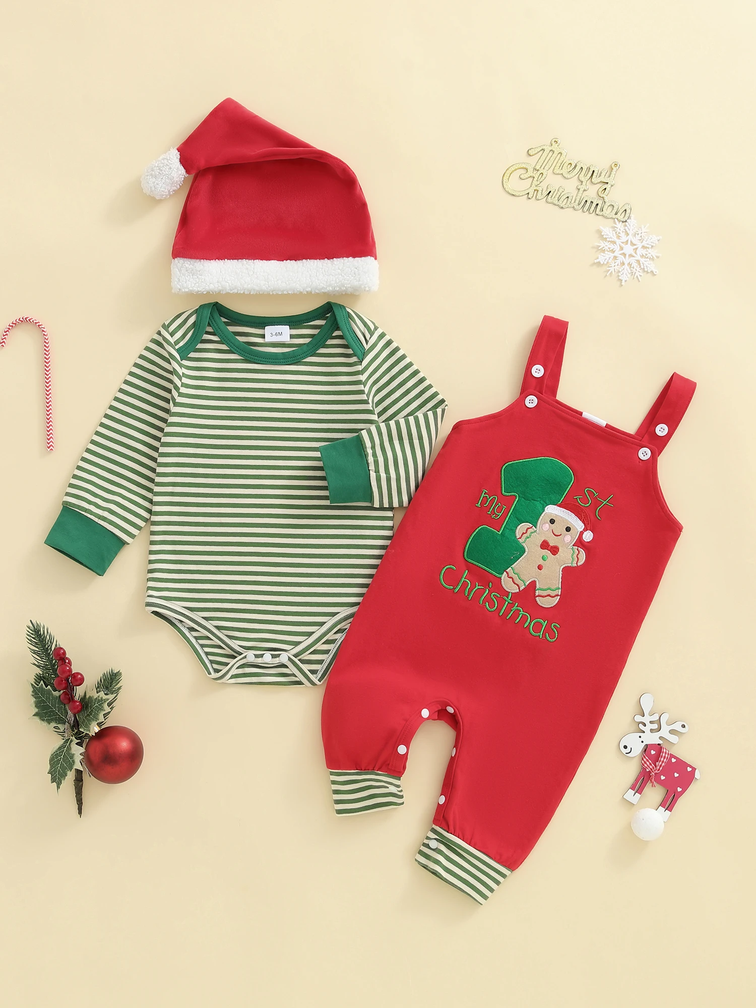 Vakantie-outfit voor babyjongens, rood geruit overhemd en jarretelbroekje met vlinderdas en kerstmuts, 4-delig kerstkostuum