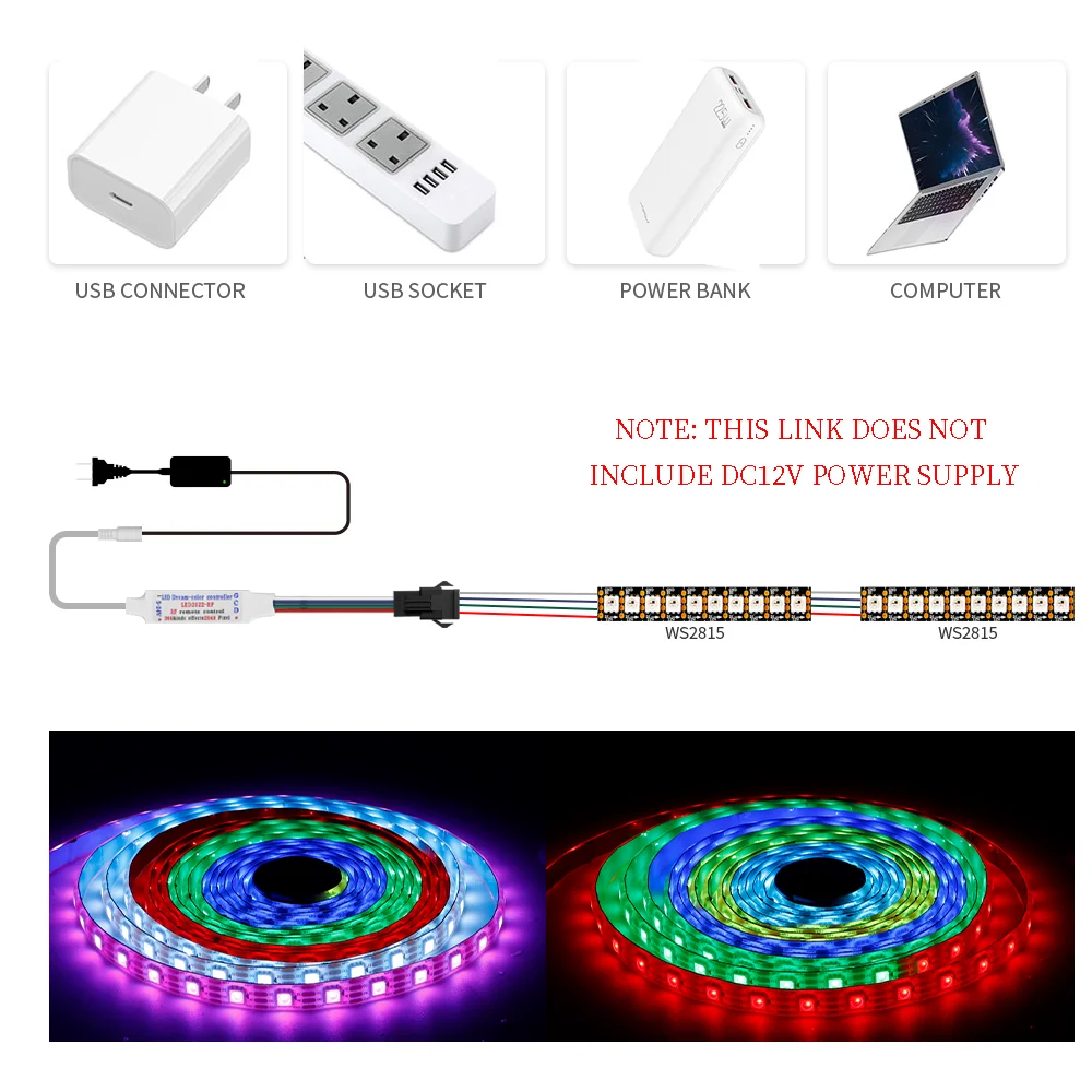 WS2815 Programmable LED Strip 5050RGBIC Individually Addressable IC 30/60/144Leds/m Lights With 17/21keys led controller DC12V