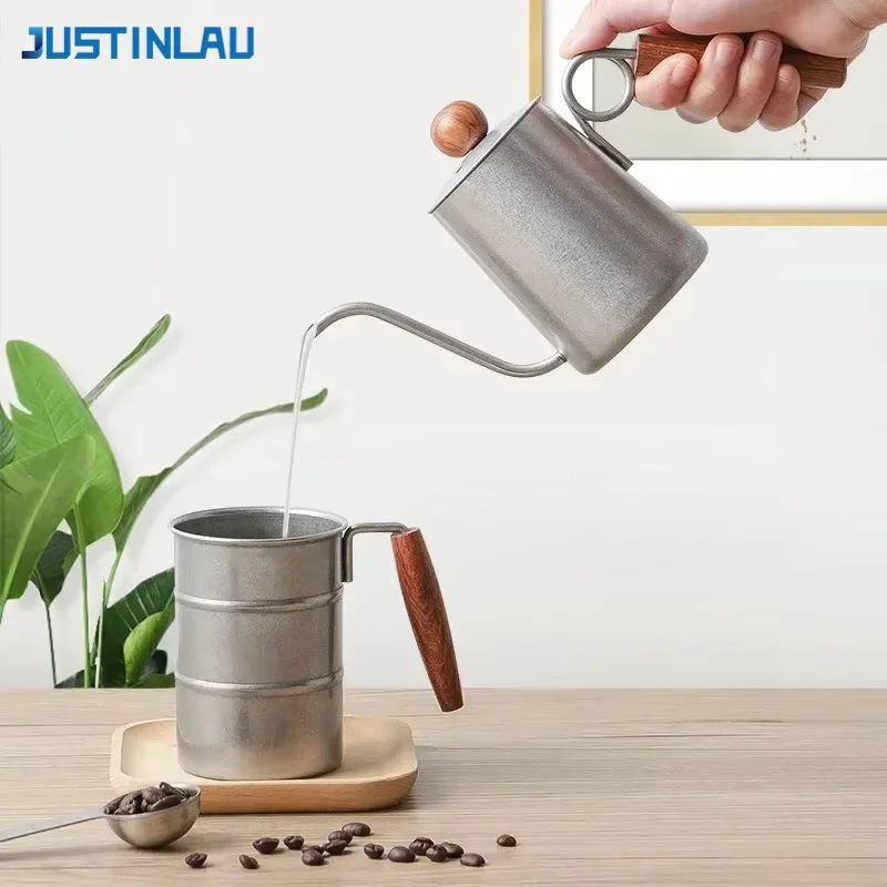 JUSTINLAU Creative Ring Coffee Pot Stainless Steel Hand-brewed Coffee Kettle Teapot Wood Handle Narrow Mouth Swan Neck Pot