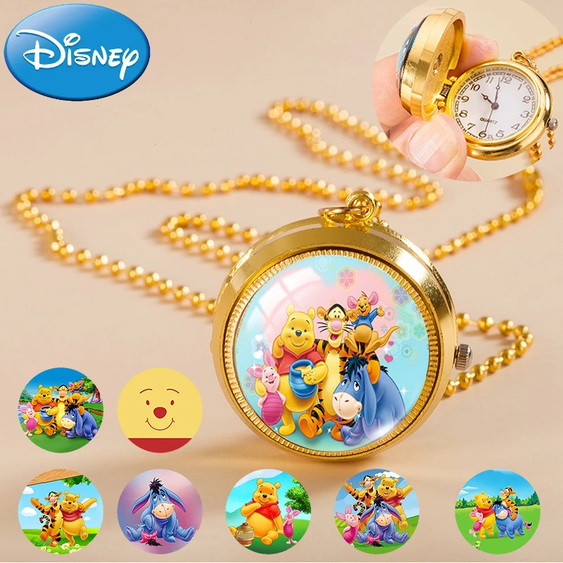 Disney Pooh Bear Flip Cover Pocket Watch Tigger Piglet Winnie Cosplay Vintage Personality Cabochon Pendant Necklace Watches Gift