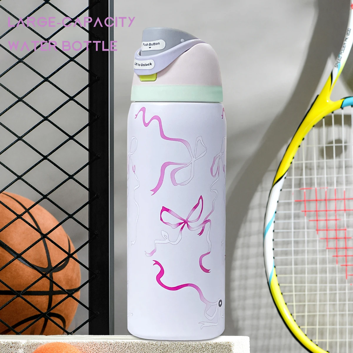 

OwaIadouble-drink insulated stainless steel outdoor sports water bottle,32oz/945ml,100% leak-proof,pink bow travel water cup