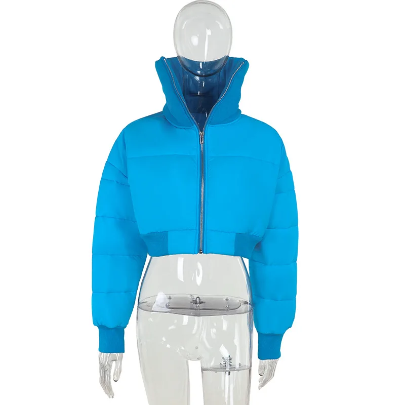 Veste courte en coton pour femme, col montant, fermeture éclair, bleu, bulle, combat, taille haute, mince, bouffante chaude