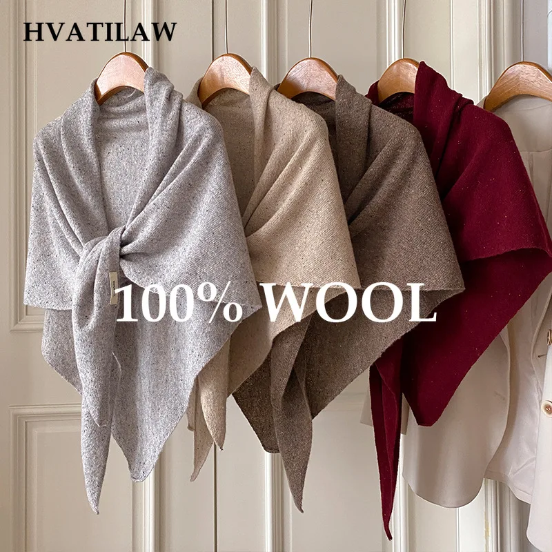 2026 100% Wool Marled Triangle Foulard Shawl Women Winter Warm Thick Cross Neck Wrap Soft Neck Warmer Gift Daily Chic Warm New