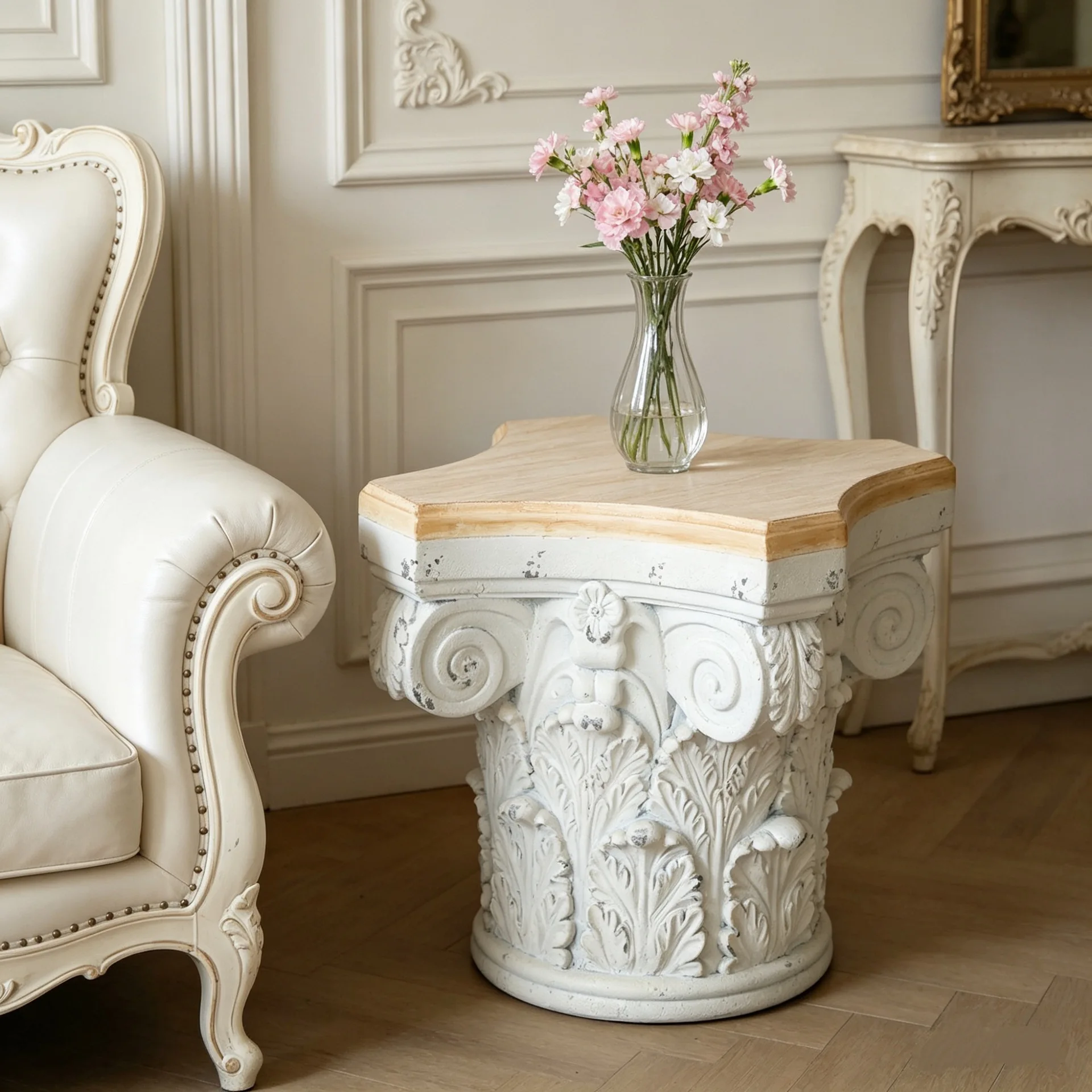 French imitation wood grain desktop big head relief Roman column indoor home living room sofa edge