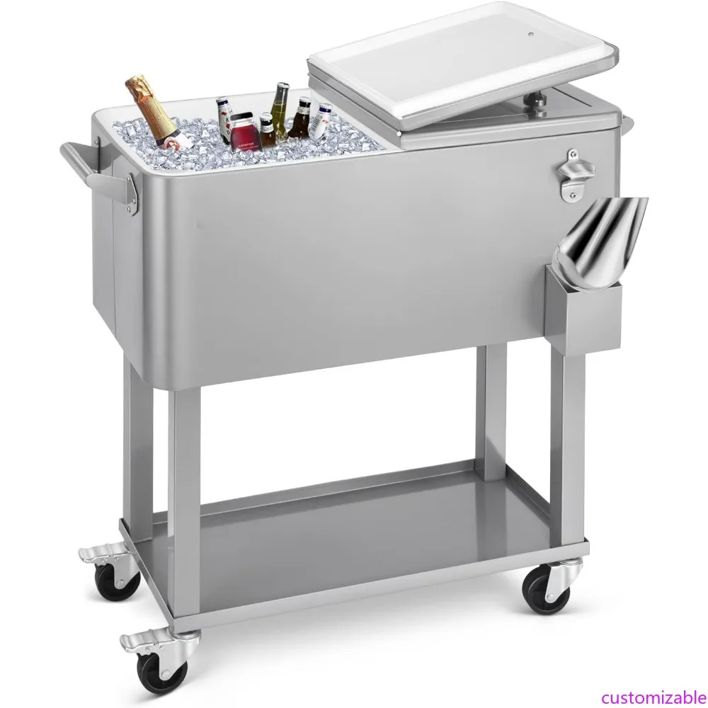 

80-Quart Rolling Outdoor Ice Chest Cooler with Cart, Patio Party Beverage Stand and Ice Scoop
