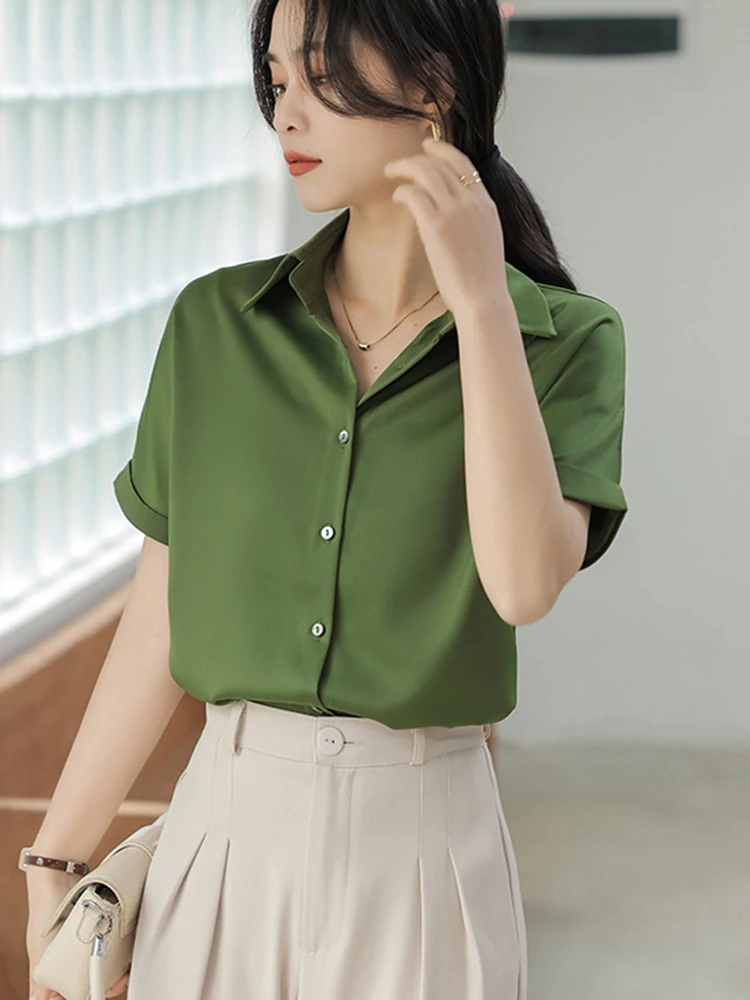 Summer Satin Silky Green Shirts Women Short Sleeve Blouse Shirts Elegant Tops Blusas Femme Office Lady Blouses for Women