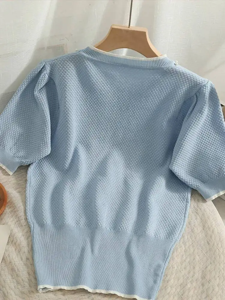 Korean Version Nail Bead Mesh Bow Round Neck Short Sleeve Top Women\'s 2025 New Waist Closing Thin Knitted T-shirt