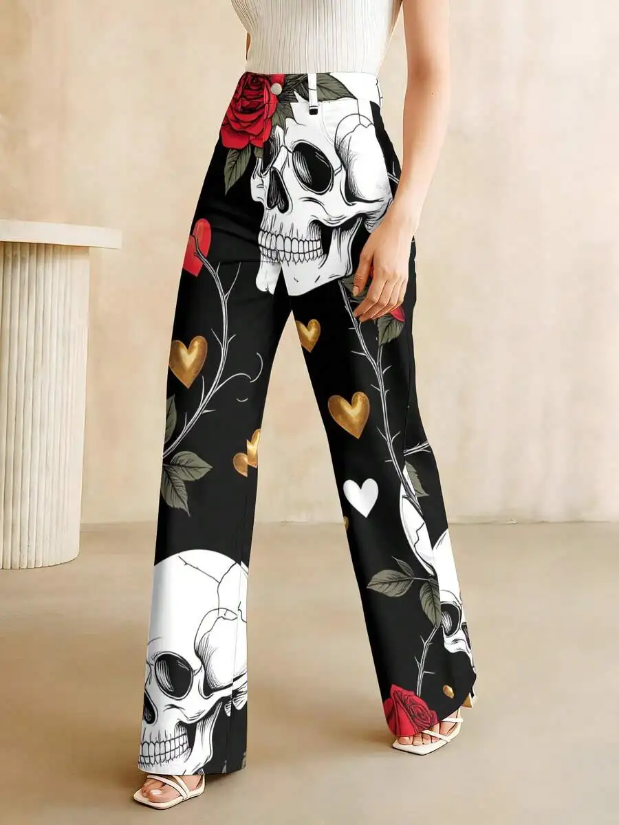 

Skull And Rose Print Wide Leg Jeans For Women Gothic Style Loose Fit