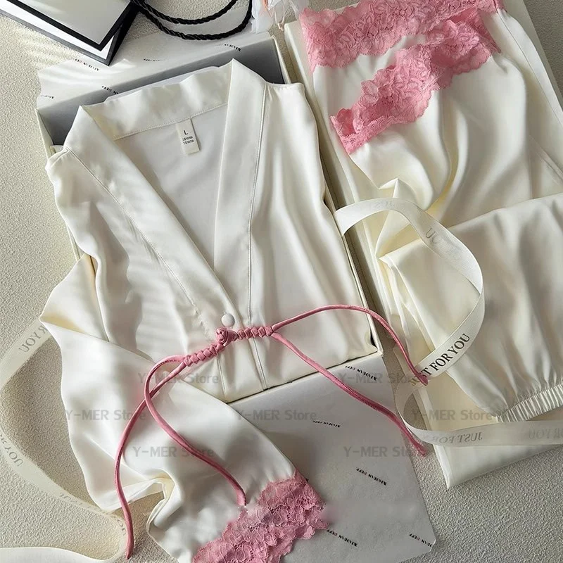 New Chinese Style Lace Patchwork Top Pants 2Pcs Pyjamas Femme Sexy Pijama Mujer Princess Style Loungewear Home Clothes Nightwear