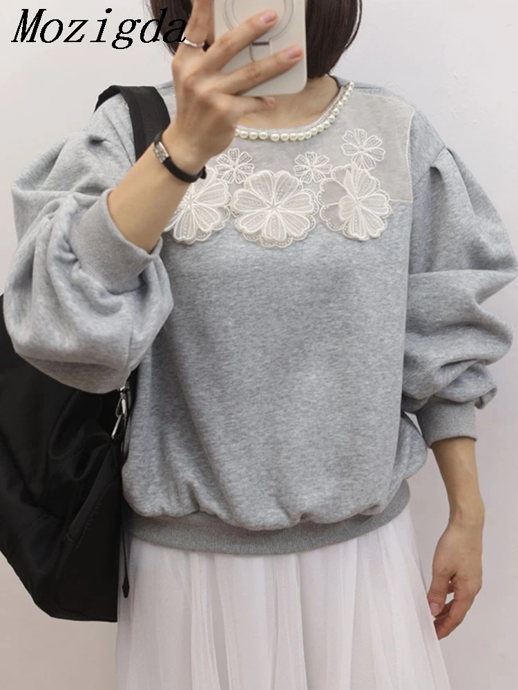 

AutumnSweet Flower Nail Bead Round Neck Sweatshirt for Women New Korean Niche Design Hoodie Ladies Tops