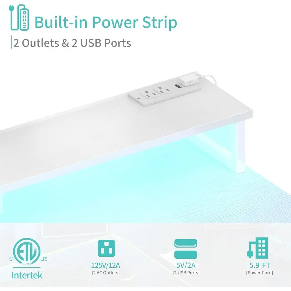 47 مكتب ألعاب للمكتب المنزلي باللون الأبيض مع أرفف تخزين وأضواء LED ومنافذ طاقة #5