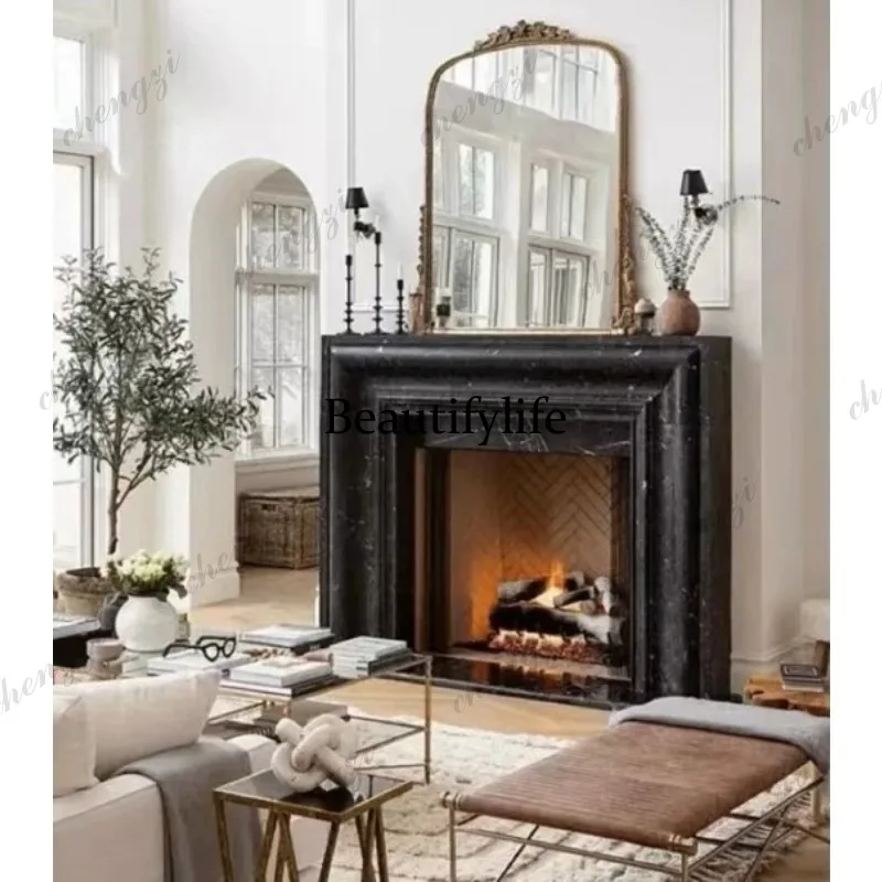 Natural marble fireplace stone carving simple French living room black and white root stone fireplace customization