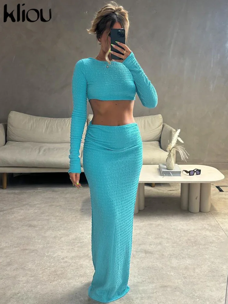 kliou Autumn Women Two Piece Set Elegant Casual Solid Long Sleeve Crop Tops+Hip Skirt Matching Outfit Office Lady Softy Clothing