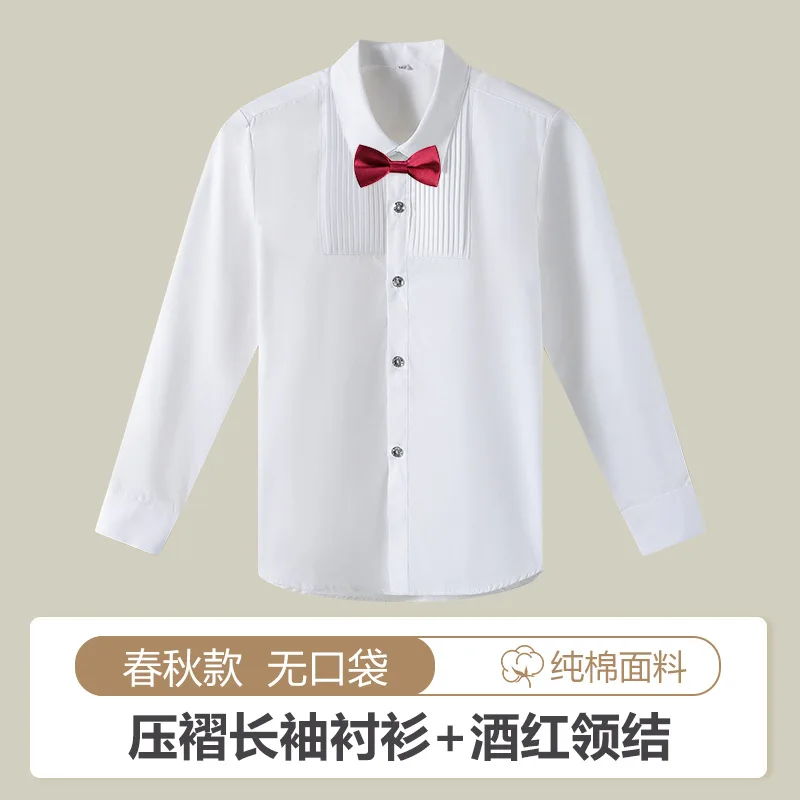 Camisas brancas para meninos, mangas compridas, blusa branca de algodão para crianças, tamanho 110-180, trajes de festa de formatura de casamento para meninos adolescentes