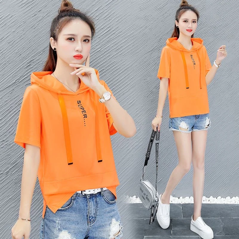 Thin Short-sleeved Hoodie Women Hooded 2024 Summer New Korean Version Of Loose 100 Tower Casual Slimming T-shirt Top Tide Coat