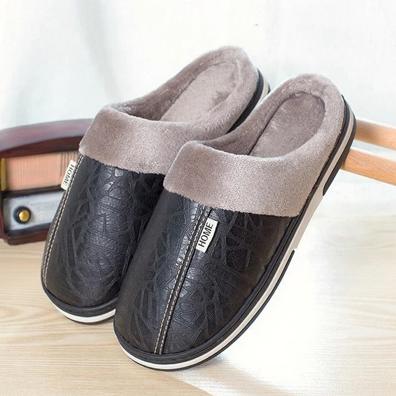 Big Size 36-51 Men Winter Slippers Warm Cotton Shoe Waterproof PU Leather Women House Furry Slipper Couples Bedroom Plush Flats