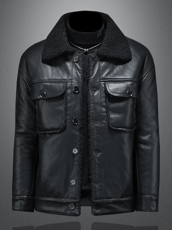 

Мужская зимняя куртка-байкер из овчины с меховой подкладкой, повседневная, молодежная, из полиэстера...