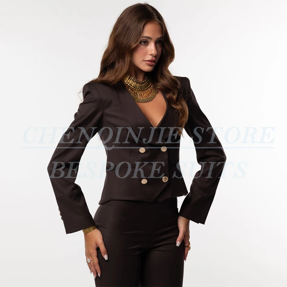 High Quality Black Women's 2 Piece Suits Formal Cropped Style Double Breasted Blazer With Pants For Office Lady Outfits
