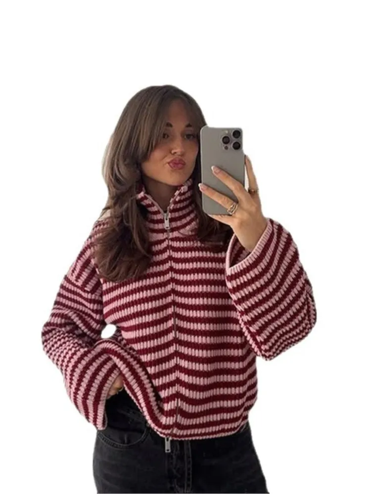 Knit Pink Striped Zipper Lady Cardigan Casual Rib Contrast Color Oversize Female Sweater Long Sleeve Street Office Lady Tops