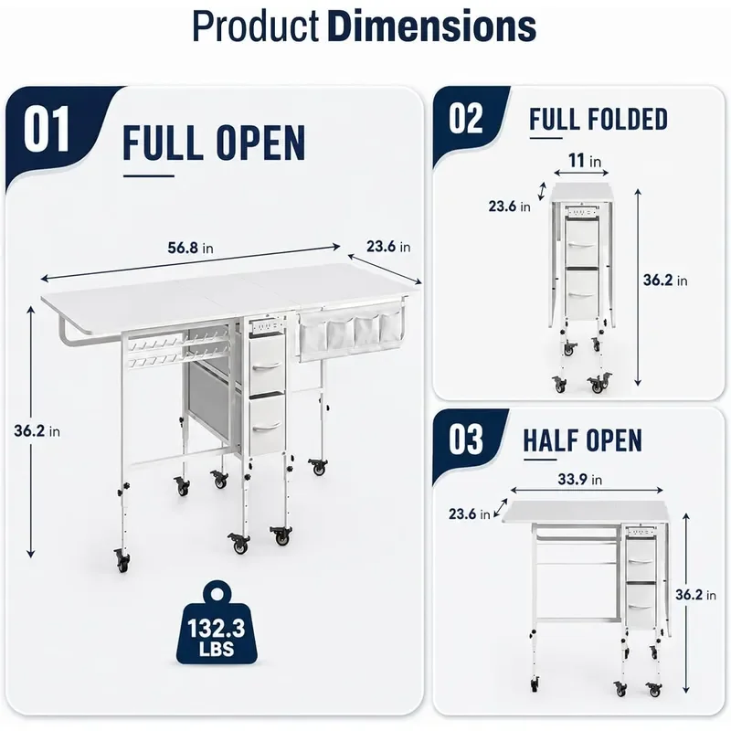 56.7 Foldable Wheeled Sewing Craft Table with Charging Station
