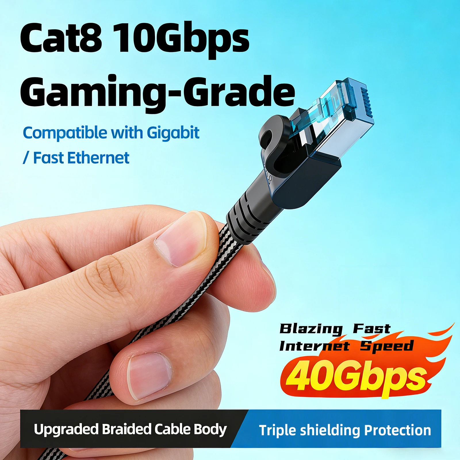 CAT 8 Flat Network Internet Cable 40Gbps 2000MHz Round RJ45 Nylon Braided LAN Cable Patch Cord for Modem Router PC PS4/5/6 Xbox