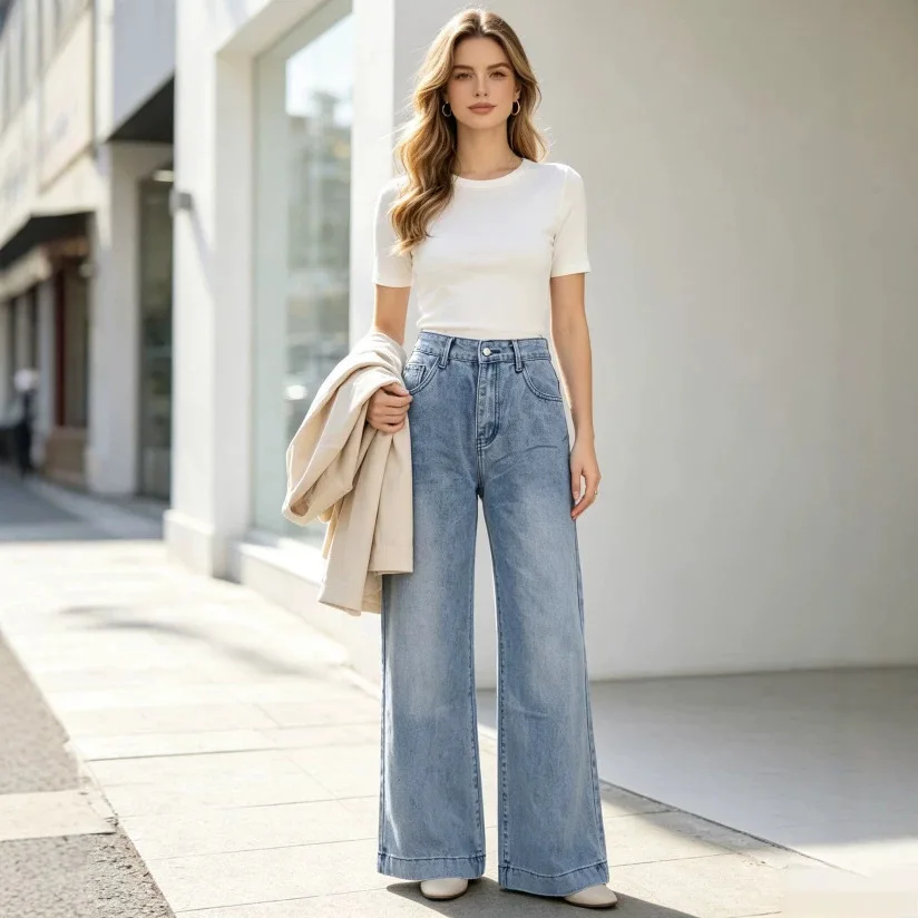 Women's Four-Way Stretch Light Blue Wide-Leg Jeans for Women, Retro Washed Soft Denim Fabric, Versatile for Everyday Use