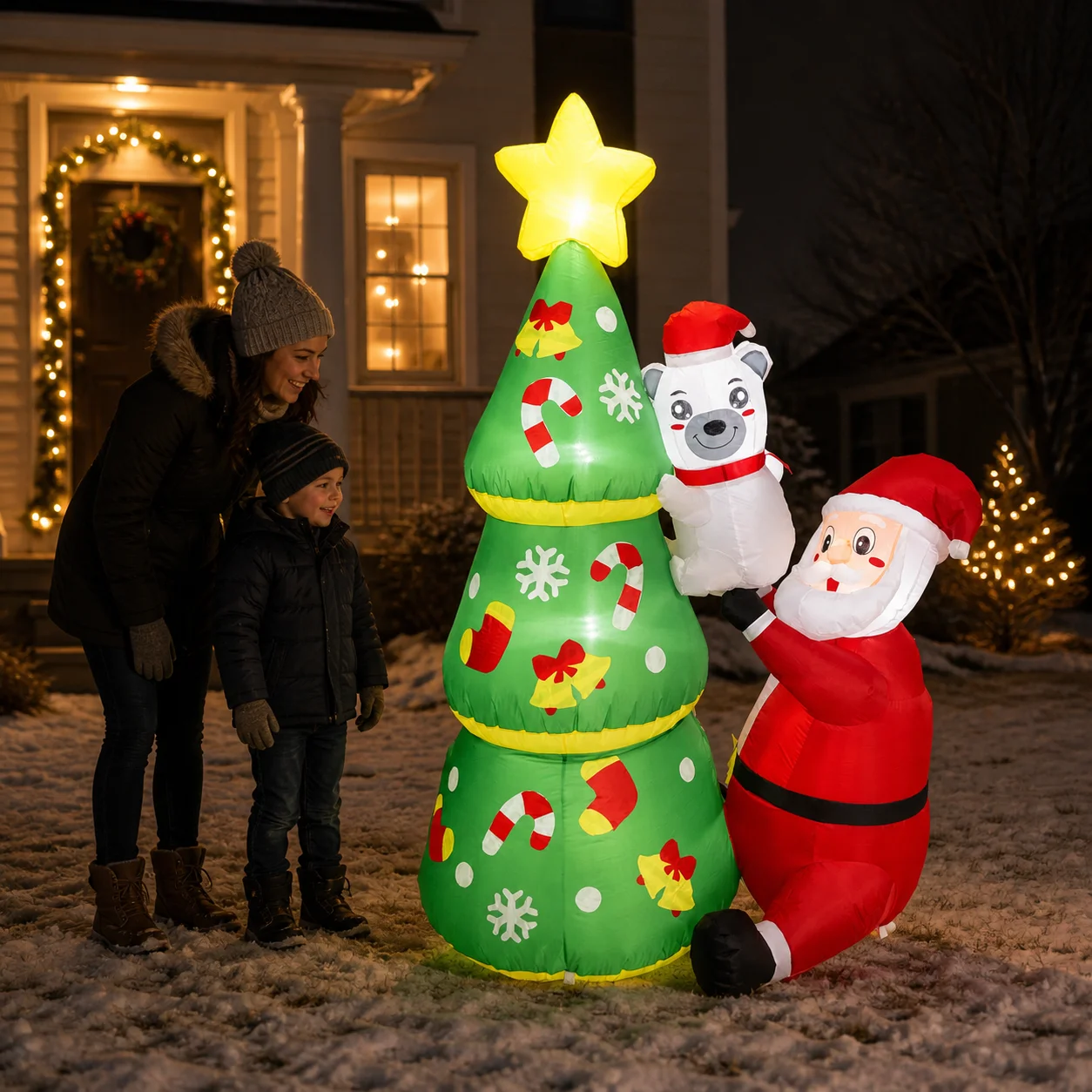 4 FT Christmas Santa Inflatable Toy With LED Lights Outdoor Santa Holding Polar Bear Beside Christmas Tree Blow Up SETS Christmas Gift Party New Year Indoor Decoration Toys Lovely Twinkling with lovely LED lights Stakes for The Yard Lawn Garden