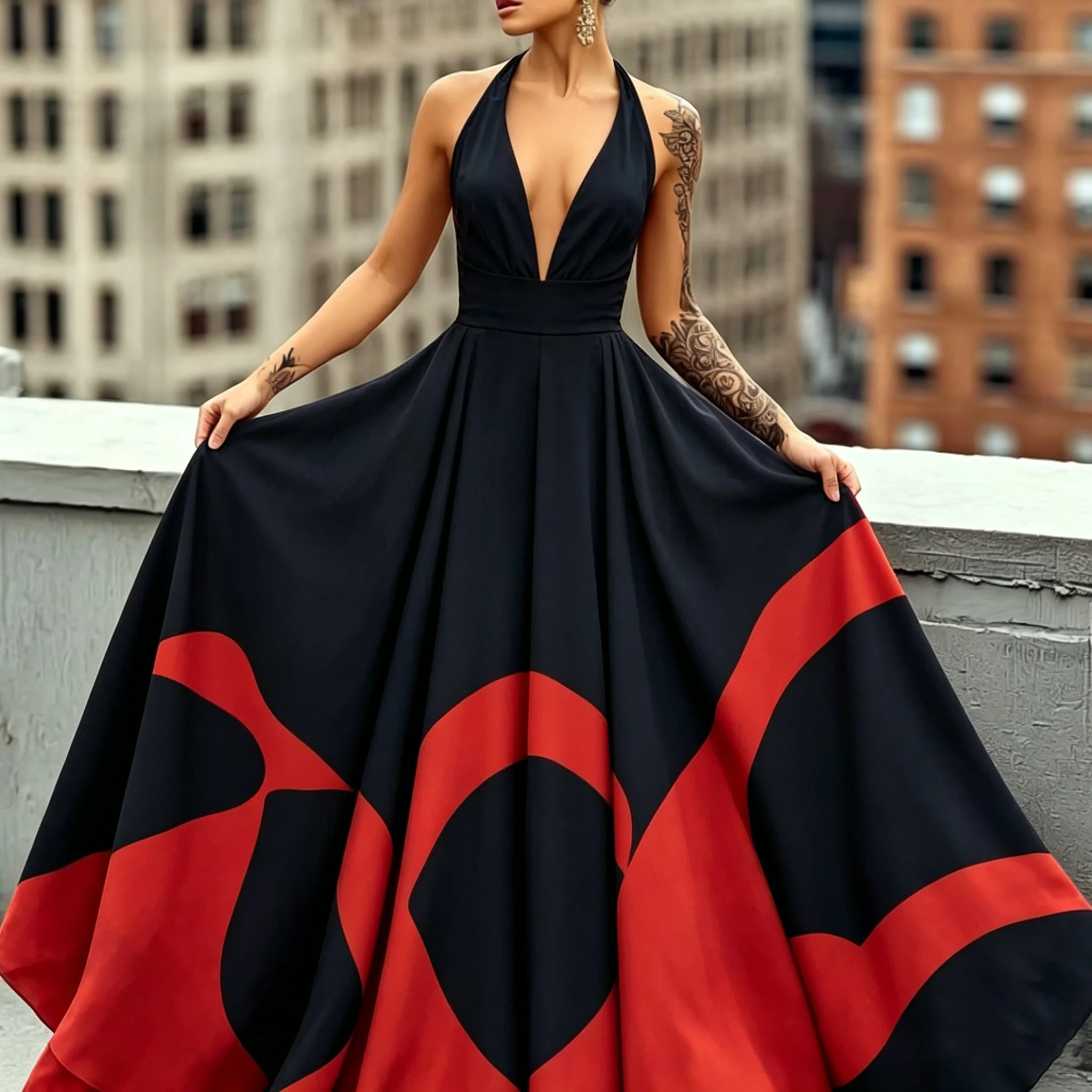 

Women's Summer Abstract Print Halter Deep V Maxi Dress Sleeveless Wide Waistband Full Flared Hem Stylish Daily Casual Outfit