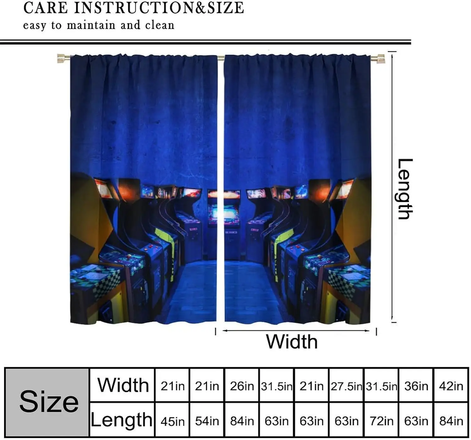 Retro Arcade Game Theme Curtain 2 Panels Dark Blue Concrete Base Old Game Cabinet Print Window Drape Trendy Casual Gamer Teen