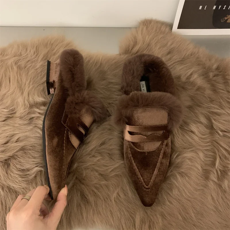 COZOK Luxury Fur Furry Women Slippers Fur Flat Mules Fashion Velour Slides Indoor Outdoor Sexy Cotton Warm Slides Winter