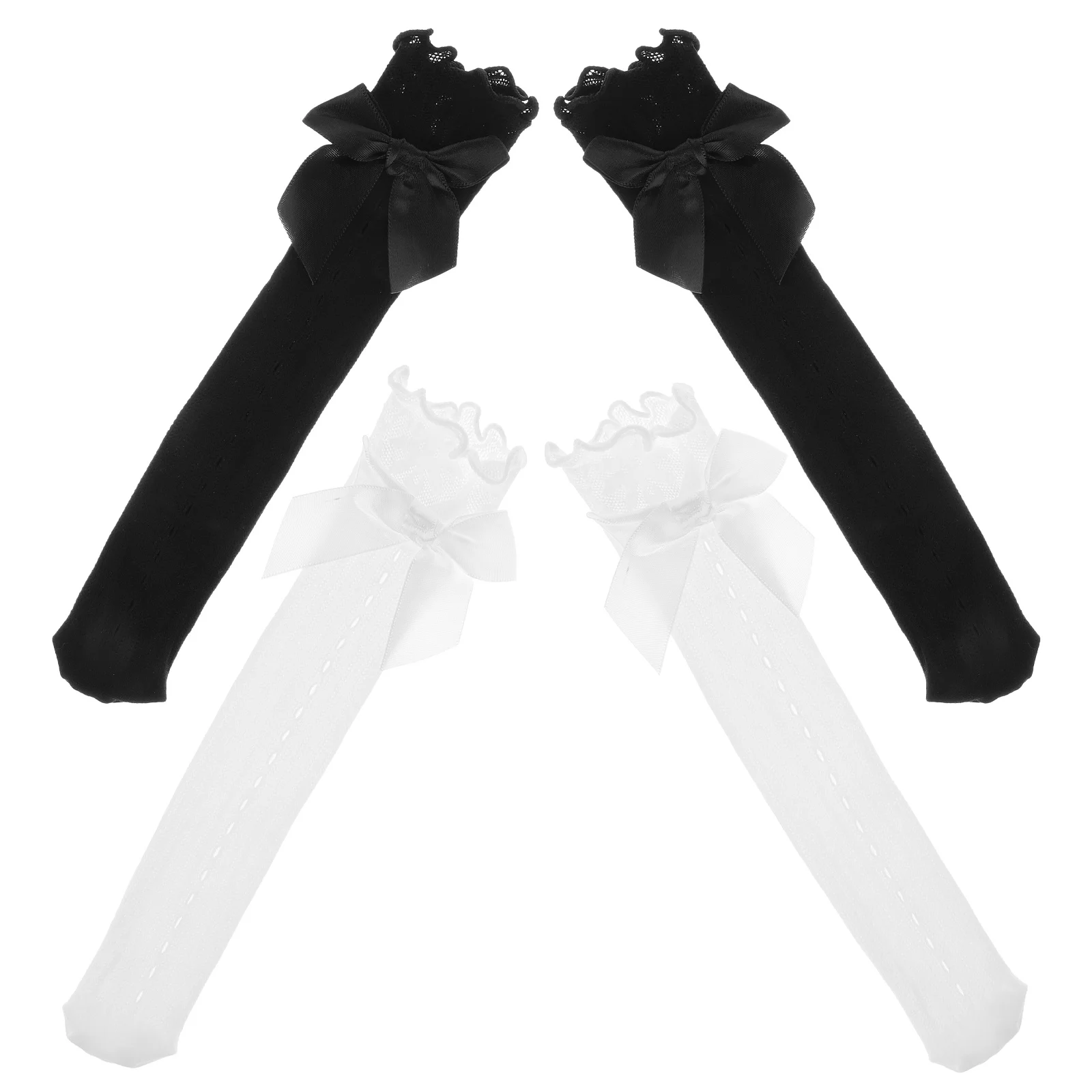 4Pairs الاطفال الدانتيل جوارب طويلة إلى الركب القوس ديكور لينة تنفس الجوارب الطويلة أنيقة في الهواء الطلق ارتداء الاطفال جوارب الدانتيل ديكور جورب