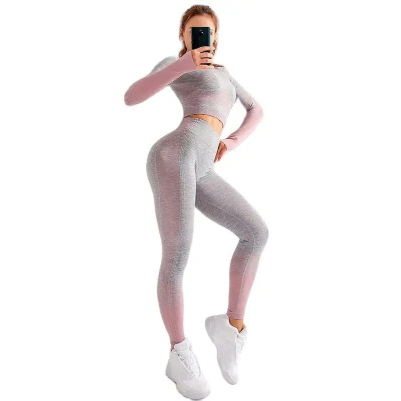 2 Pieces Gym Set Workout Clothes For Women Fitness Long Sleeve Crop Top Seamless Scrunch Butt Leggings Yoga Sport Suits